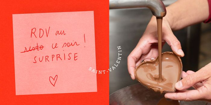 Atelier d'artisan : chocolat versé dans un moule en forme de cœur