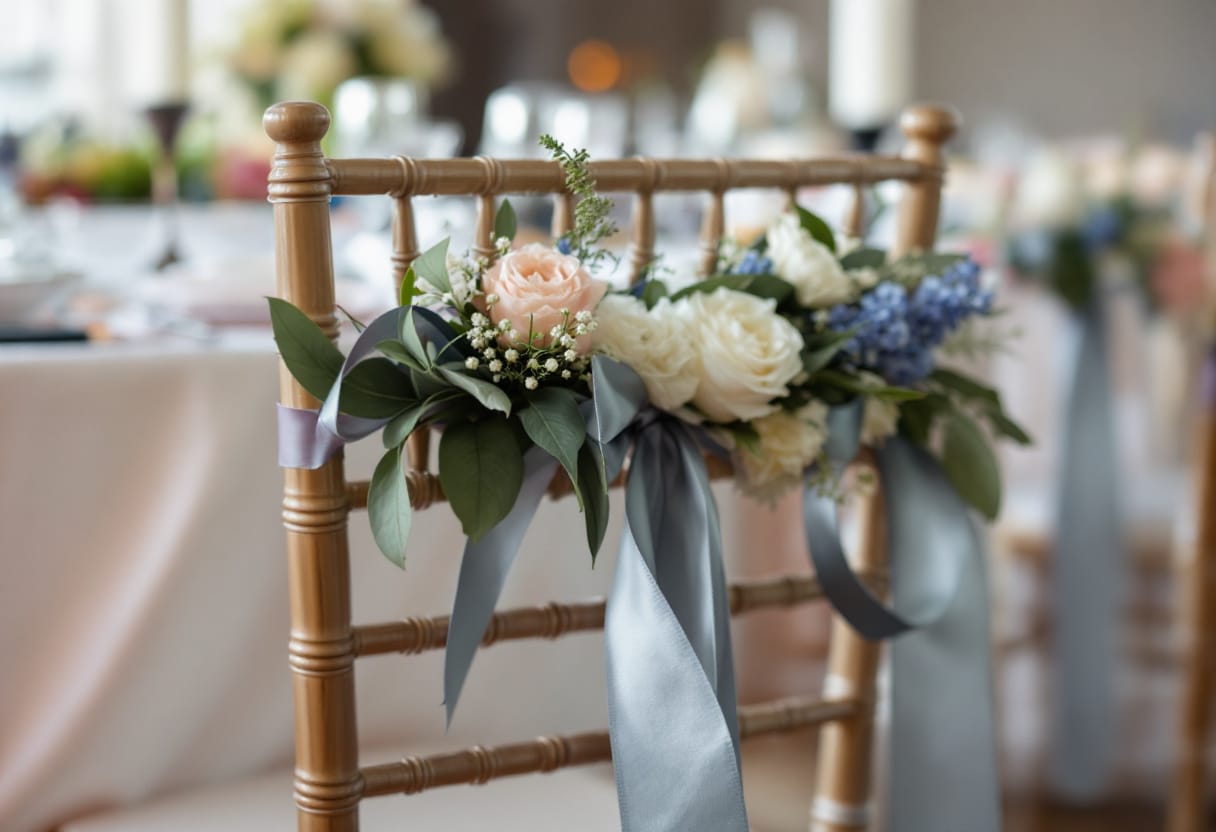 Dossier de chaise chiavari décoré de fleurs et d'un ruban gris pour un repas de mariage